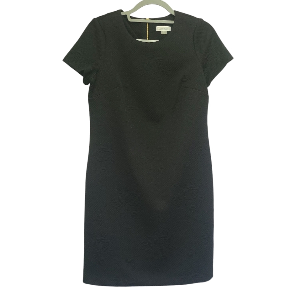 Calvin Klein little black Dress Floral pattern ROSES gold hardware SIZE 10